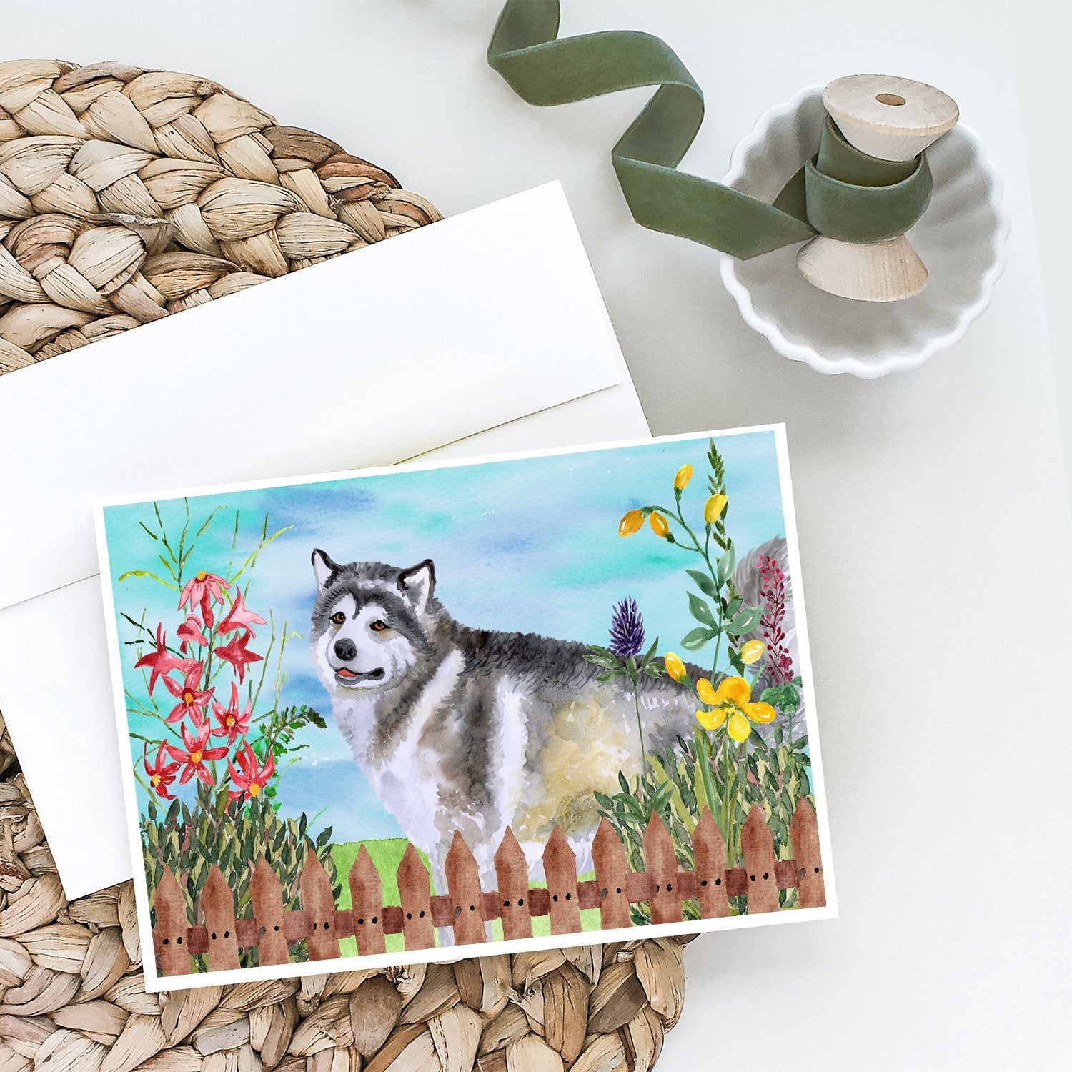 Alaskan Malamute Spring Greeting Cards Pack of 8 Blank Cards with Envelopes Whimsical A7 Size 5x7