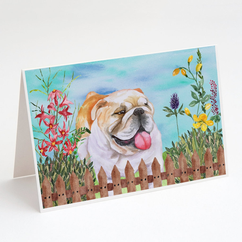 English Bulldog Spring Greeting Cards Pack of 8 Blank Cards with Envelopes Whimsical A7 Size 5x7