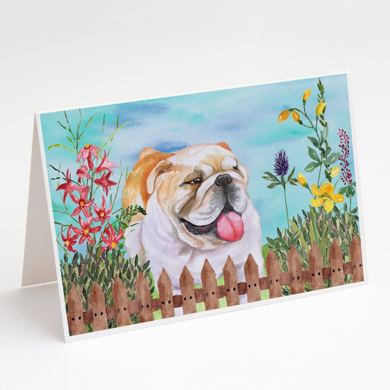English Bulldog Spring Greeting Cards Pack of 8 Blank Cards with Envelopes Whimsical A7 Size 5x7