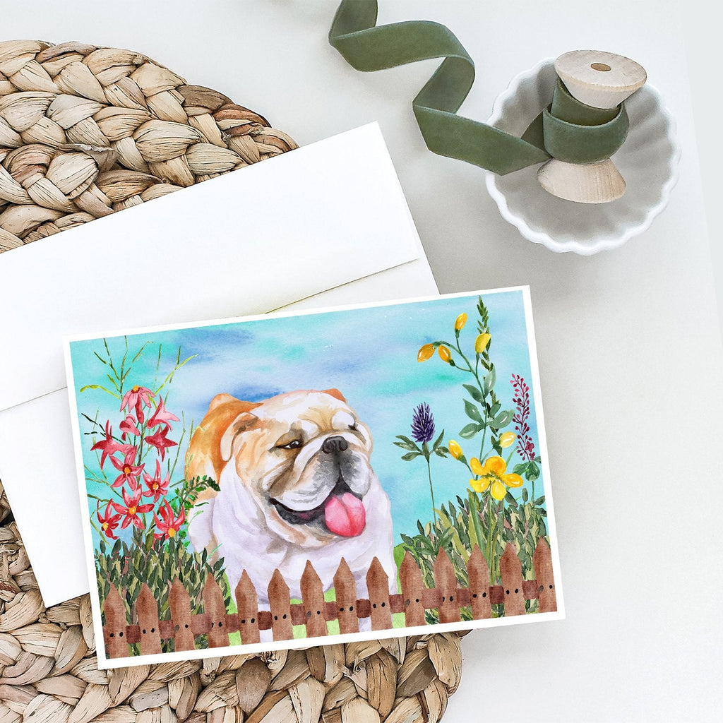 English Bulldog Spring Greeting Cards Pack of 8 Blank Cards with Envelopes Whimsical A7 Size 5x7