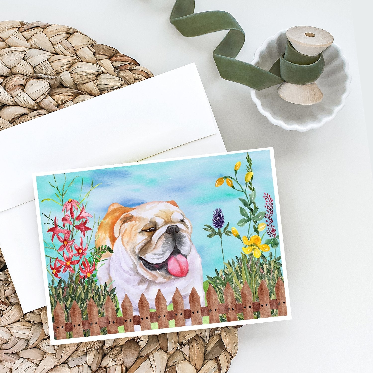 English Bulldog Spring Greeting Cards Pack of 8 Blank Cards with Envelopes Whimsical A7 Size 5x7