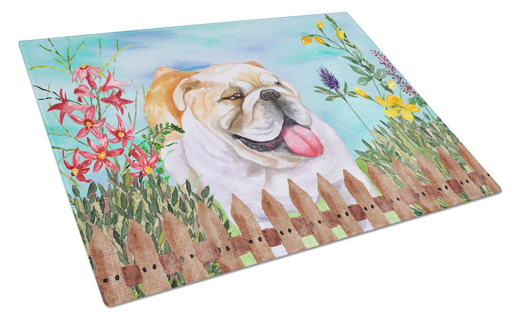 English Bulldog Spring Cutting Board Tempered Glass Kitchen Cutting Surface, Heat Resistant Chopping, Non-Slip Feet, Food Prep & Serving