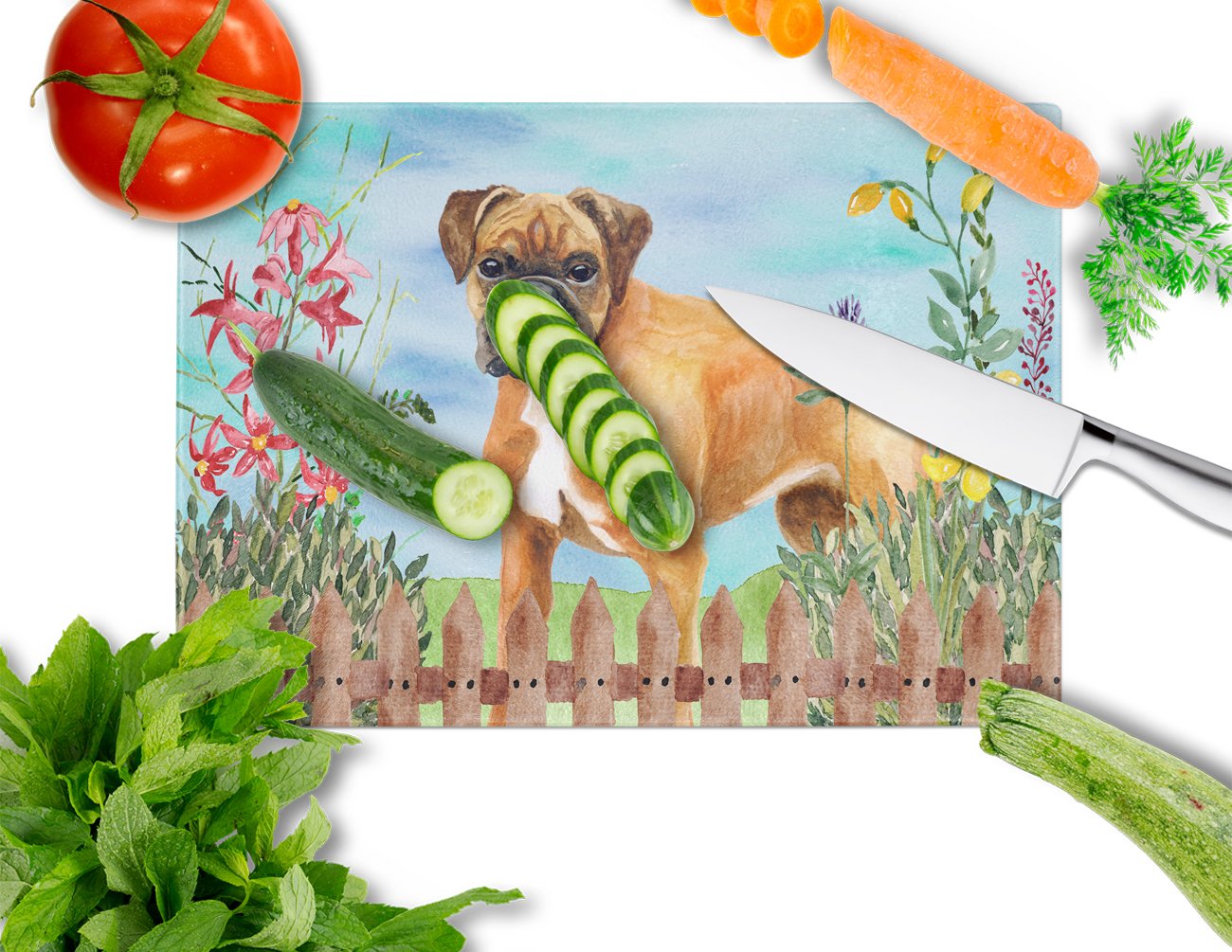 German Boxer Spring Cutting Board Tempered Glass Kitchen Cutting Surface, Heat Resistant Chopping, Non-Slip Feet, Food Prep & Serving