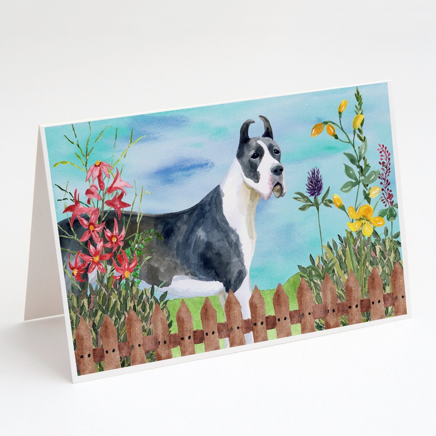 Harlequin Great Dane Spring Greeting Cards Pack of 8 Blank Cards with Envelopes Whimsical A7 Size 5x7
