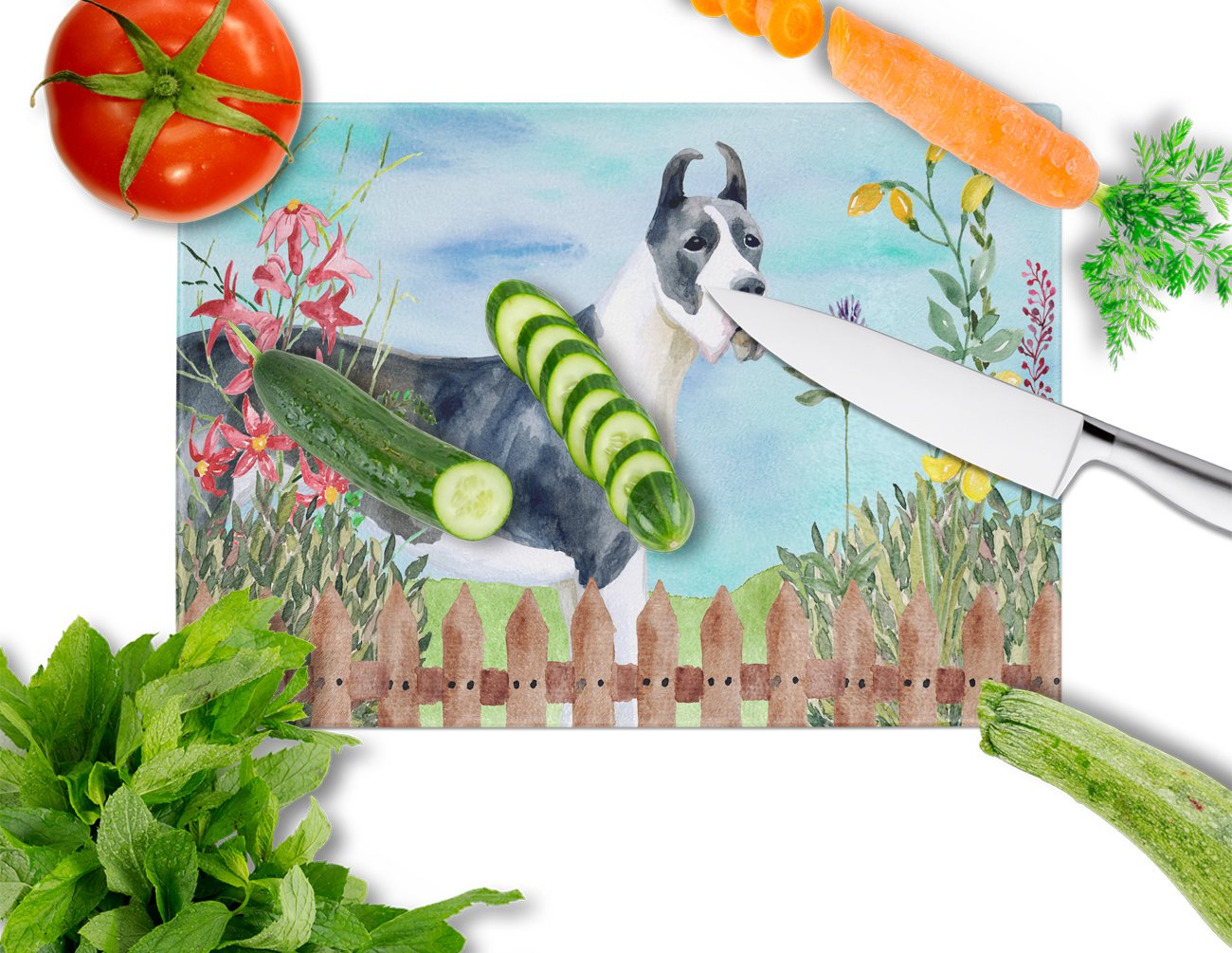 Harlequin Great Dane Spring Cutting Board Tempered Glass Kitchen Cutting Surface, Heat Resistant Chopping, Non-Slip Feet, Food Prep & Serving