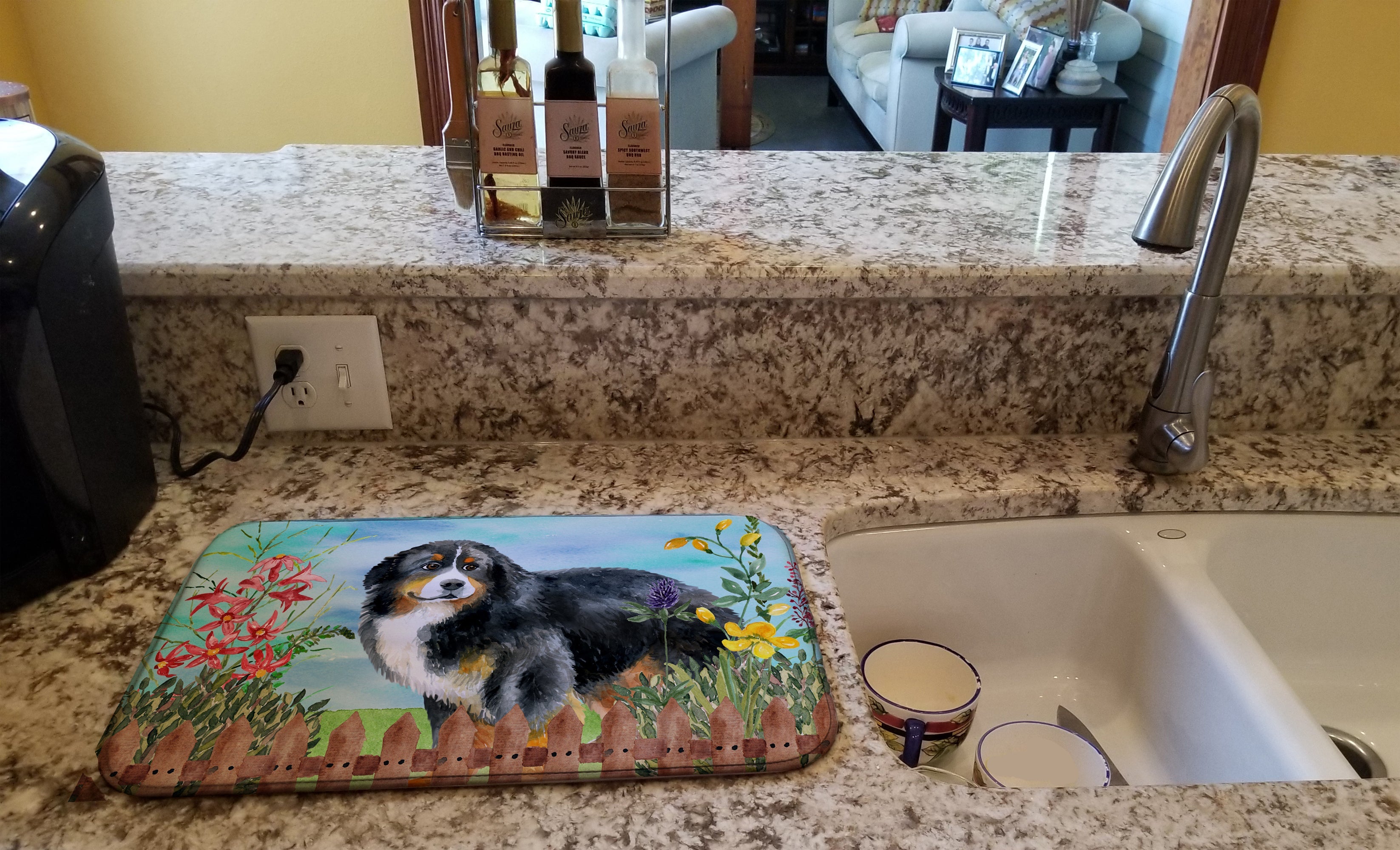 Bernese Mountain Dog Spring Dish Drying Mat Absorbent Dish Drying Mat Pad for Kitchen Counter Dish Drainer Mat for Countertop, 14 x 21", Multicolor