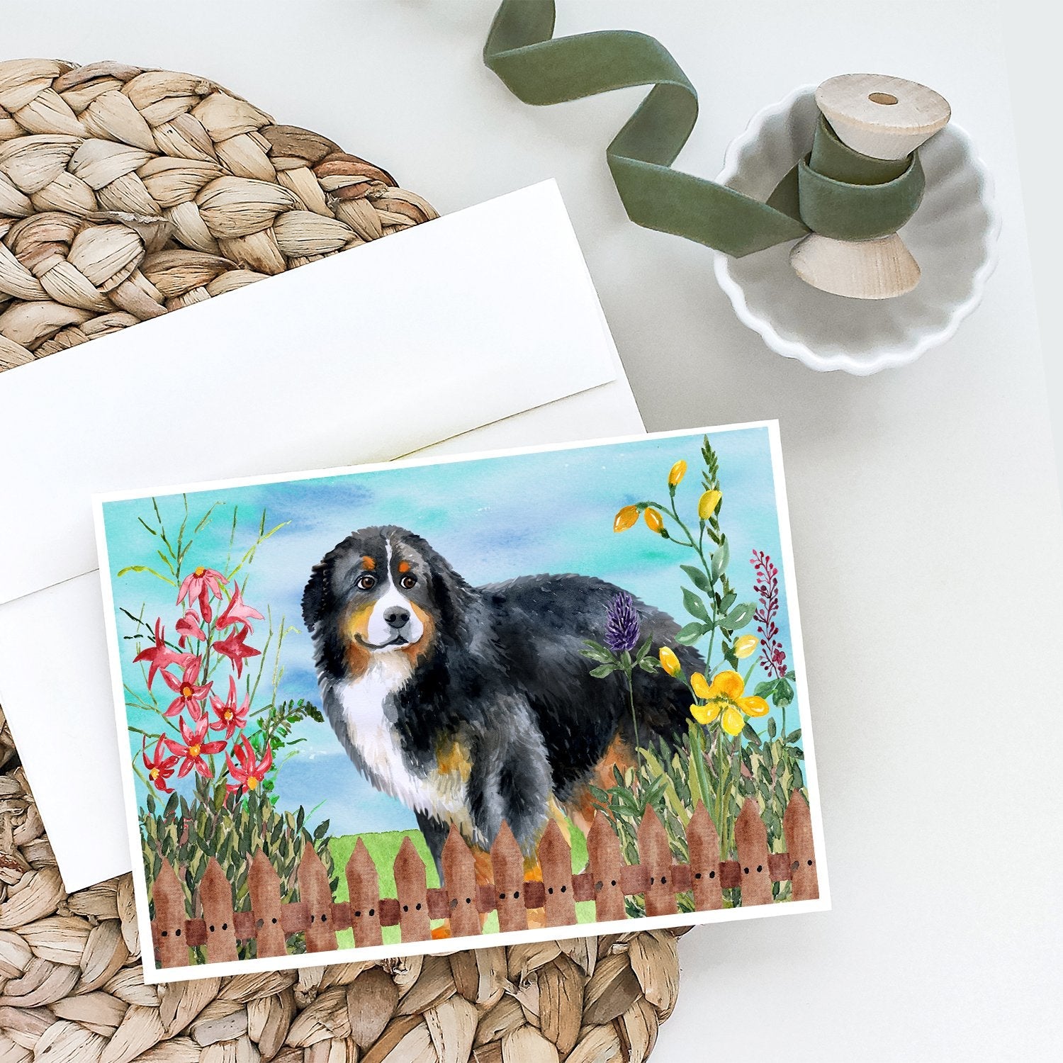 Bernese Mountain Dog Spring Greeting Cards Pack of 8 Blank Cards with Envelopes Whimsical A7 Size 5x7
