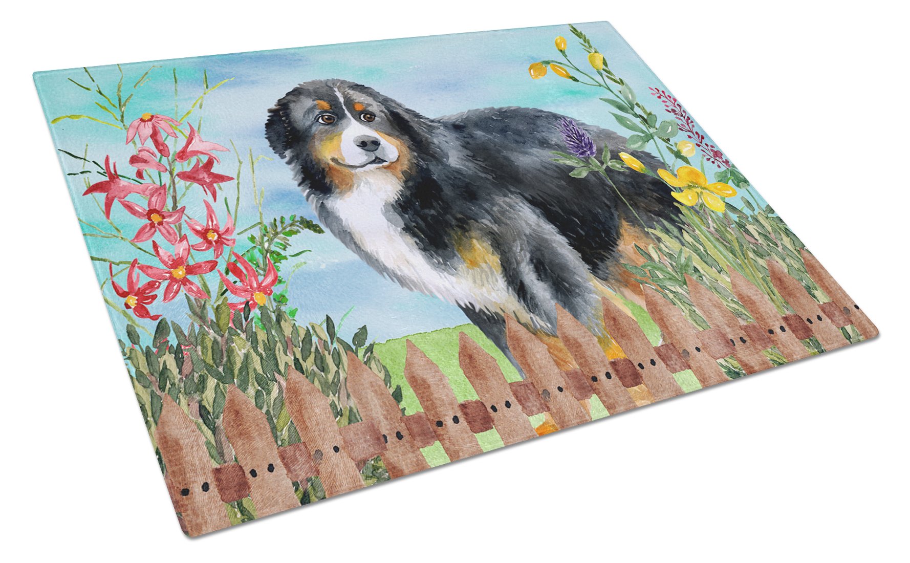 Bernese Mountain Dog Spring Cutting Board Tempered Glass Kitchen Cutting Surface, Heat Resistant Chopping, Non-Slip Feet, Food Prep & Serving