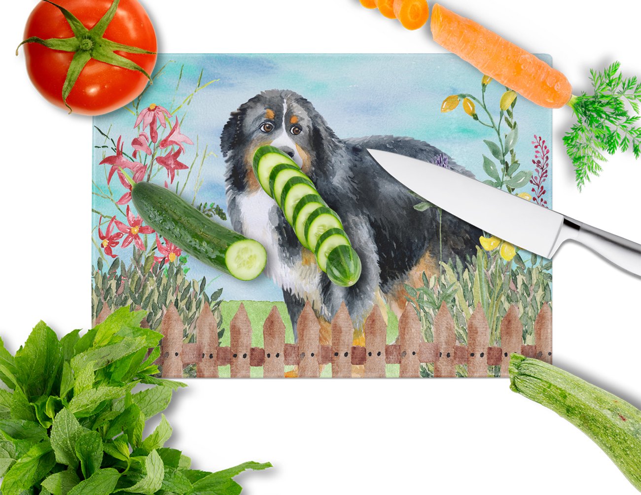 Bernese Mountain Dog Spring Cutting Board Tempered Glass Kitchen Cutting Surface, Heat Resistant Chopping, Non-Slip Feet, Food Prep & Serving