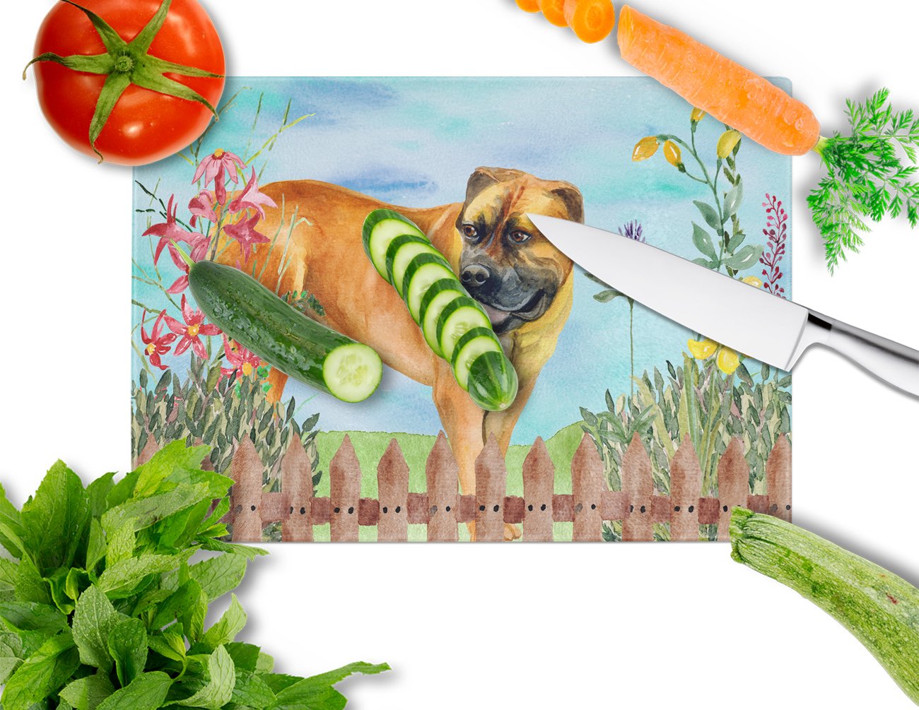 Boerboel Mastiff Spring Cutting Board Tempered Glass Kitchen Cutting Surface, Heat Resistant Chopping, Non-Slip Feet, Food Prep & Serving