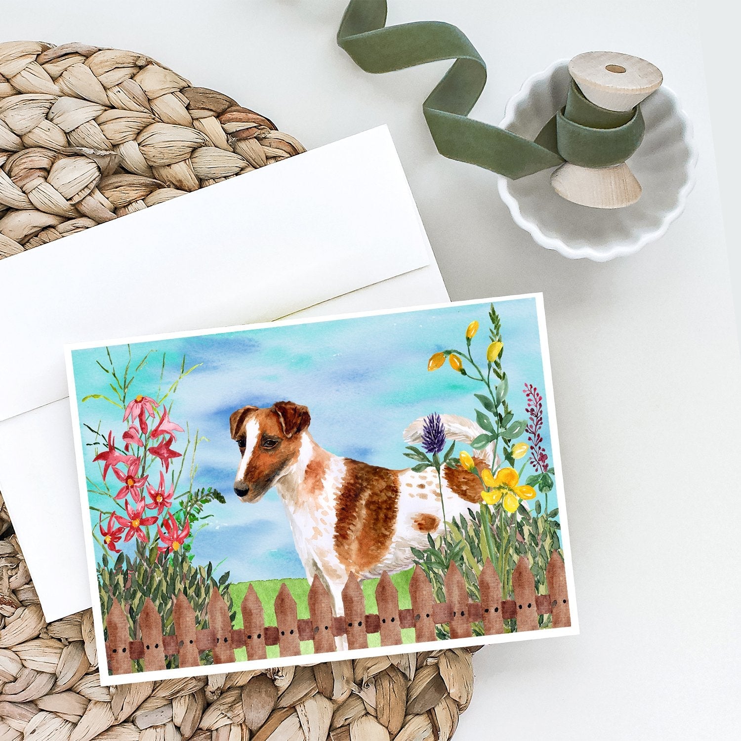 Smooth Fox Terrier Spring Greeting Cards Pack of 8 Blank Cards with Envelopes Whimsical A7 Size 5x7