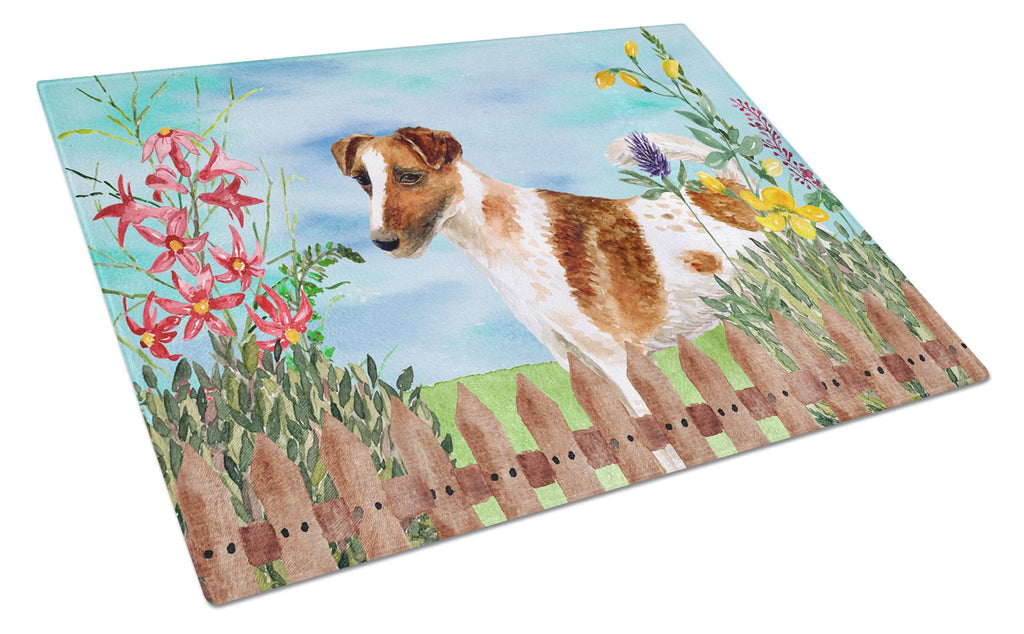 Smooth Fox Terrier Spring Cutting Board Tempered Glass Kitchen Cutting Surface, Heat Resistant Chopping, Non-Slip Feet, Food Prep & Serving