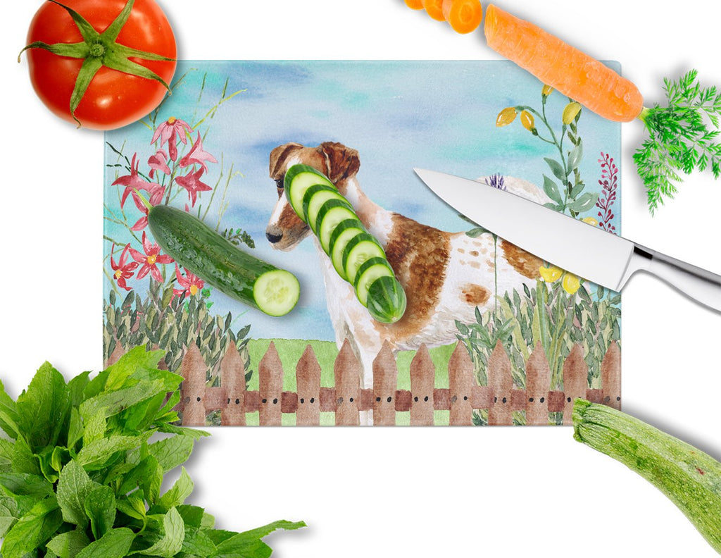 Smooth Fox Terrier Spring Cutting Board Tempered Glass Kitchen Cutting Surface, Heat Resistant Chopping, Non-Slip Feet, Food Prep & Serving