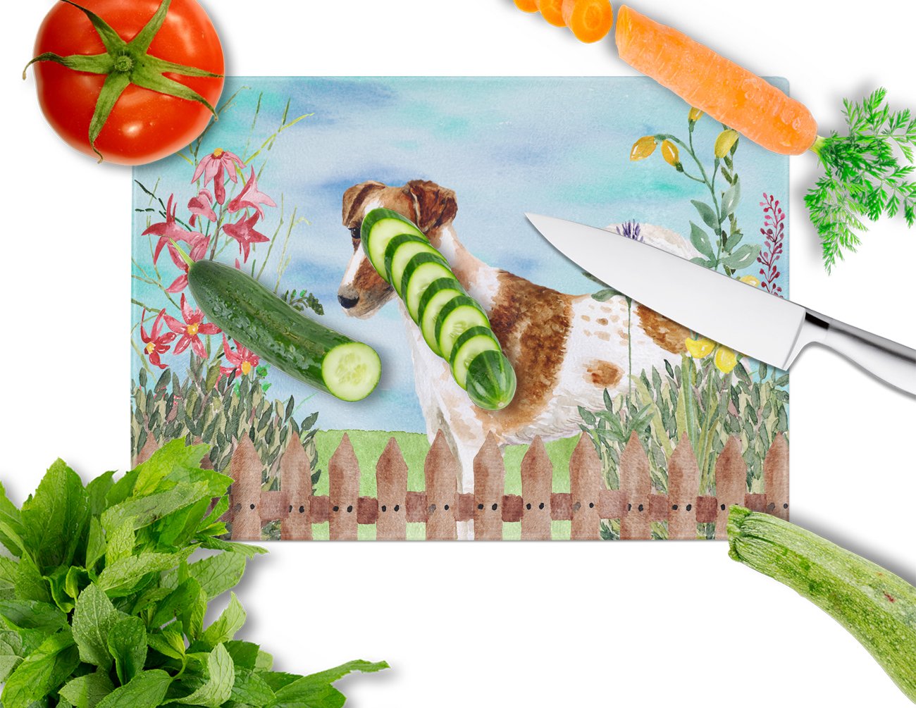 Smooth Fox Terrier Spring Cutting Board Tempered Glass Kitchen Cutting Surface, Heat Resistant Chopping, Non-Slip Feet, Food Prep & Serving