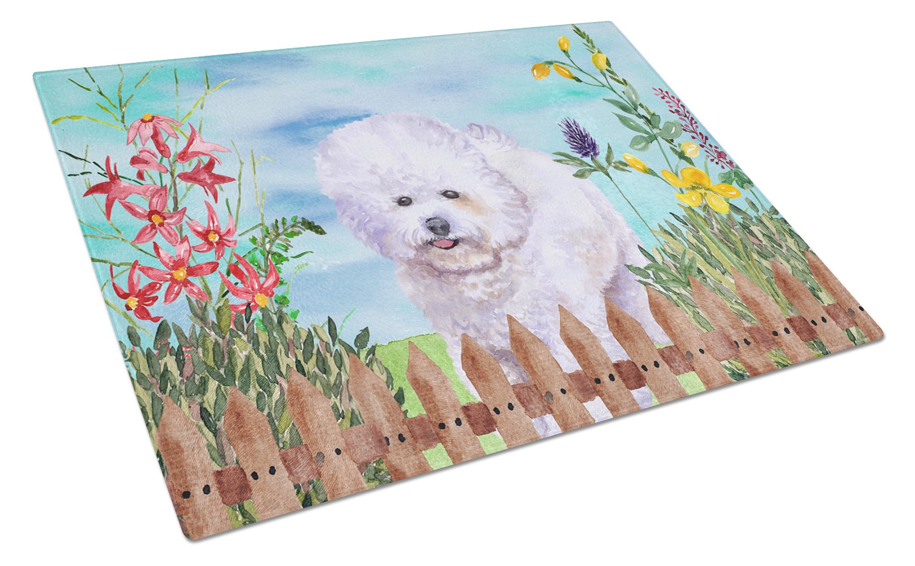Bichon Frise Spring Cutting Board Tempered Glass Kitchen Cutting Surface, Heat Resistant Chopping, Non-Slip Feet, Food Prep & Serving