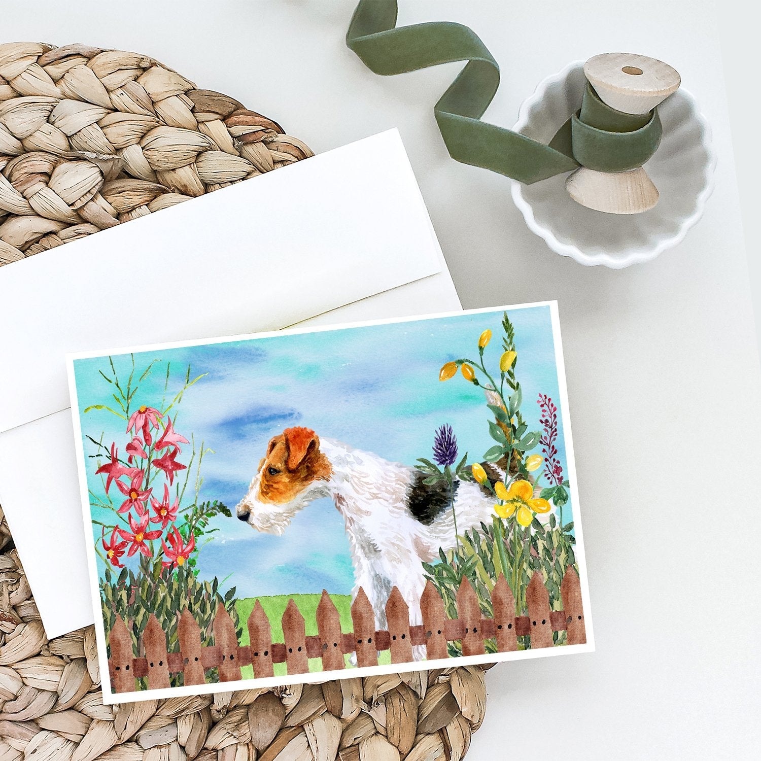 Fox Terrier Spring Greeting Cards Pack of 8 Blank Cards with Envelopes Whimsical A7 Size 5x7