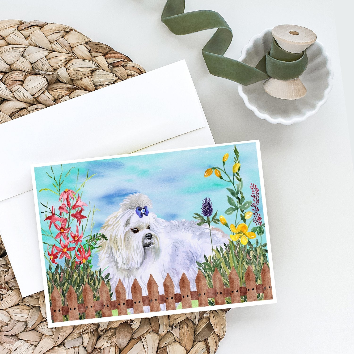 Maltese Spring Greeting Cards Pack of 8 Blank Cards with Envelopes Whimsical A7 Size 5x7