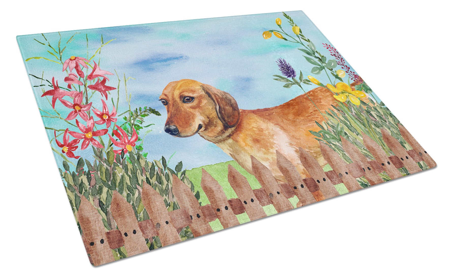 Dachshund Spring Cutting Board Tempered Glass Kitchen Cutting Surface, Heat Resistant Chopping, Non-Slip Feet, Food Prep & Serving