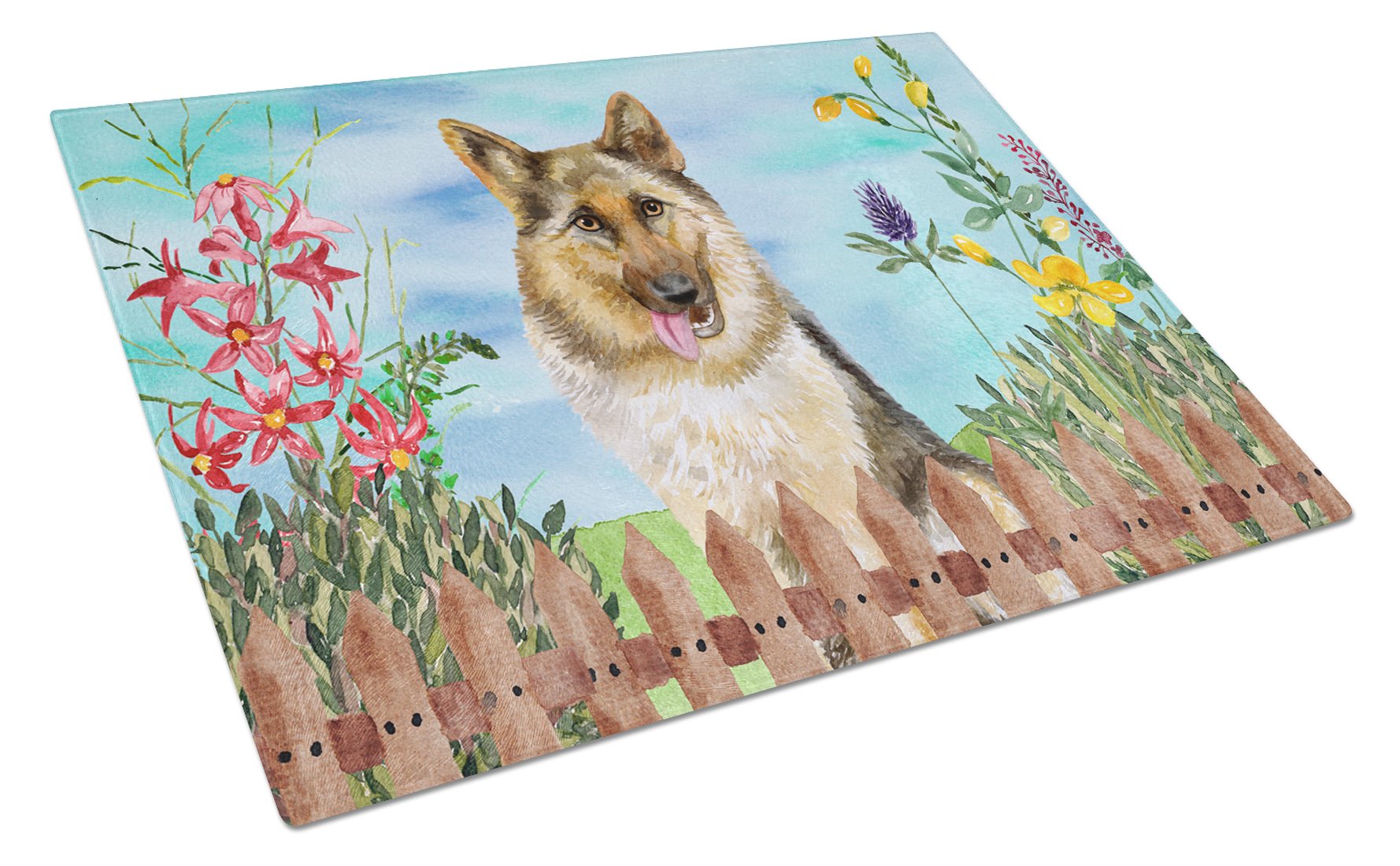 German Shepherd Spring Cutting Board Tempered Glass Kitchen Cutting Surface, Heat Resistant Chopping, Non-Slip Feet, Food Prep & Serving