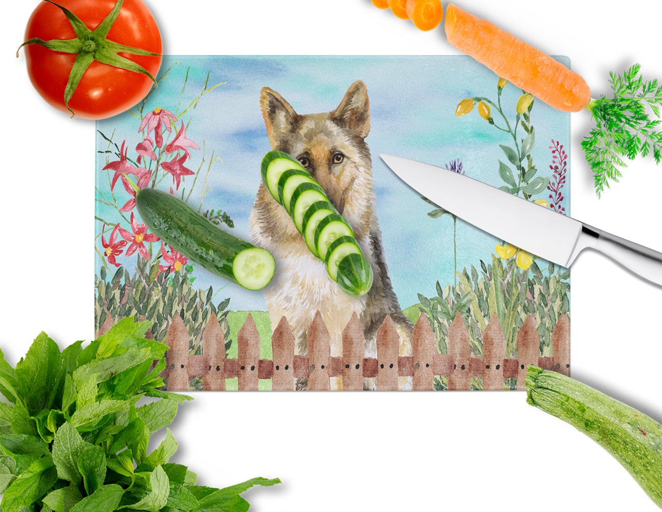 German Shepherd Spring Cutting Board Tempered Glass Kitchen Cutting Surface, Heat Resistant Chopping, Non-Slip Feet, Food Prep & Serving