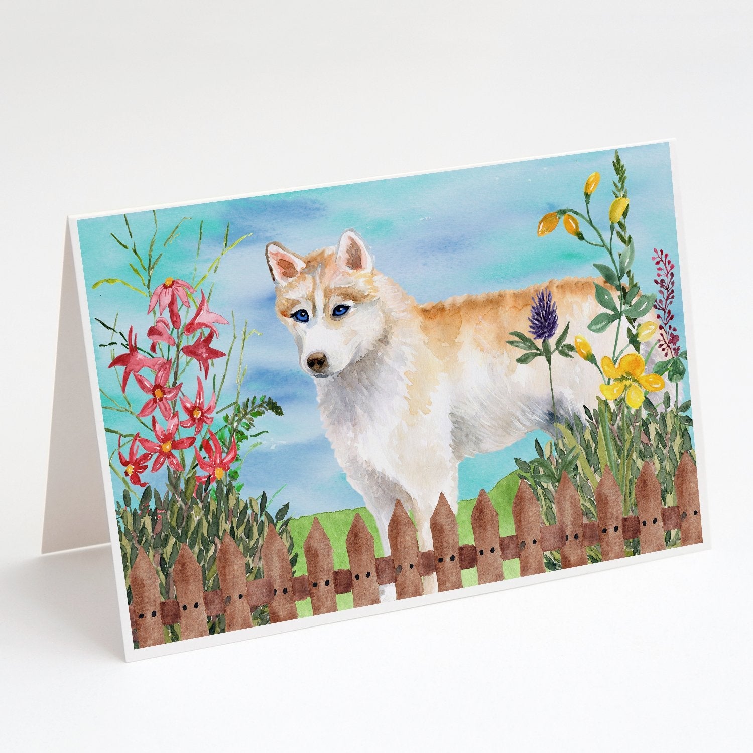 Siberian Husky Spring Greeting Cards Pack of 8 Blank Cards with Envelopes Whimsical A7 Size 5x7