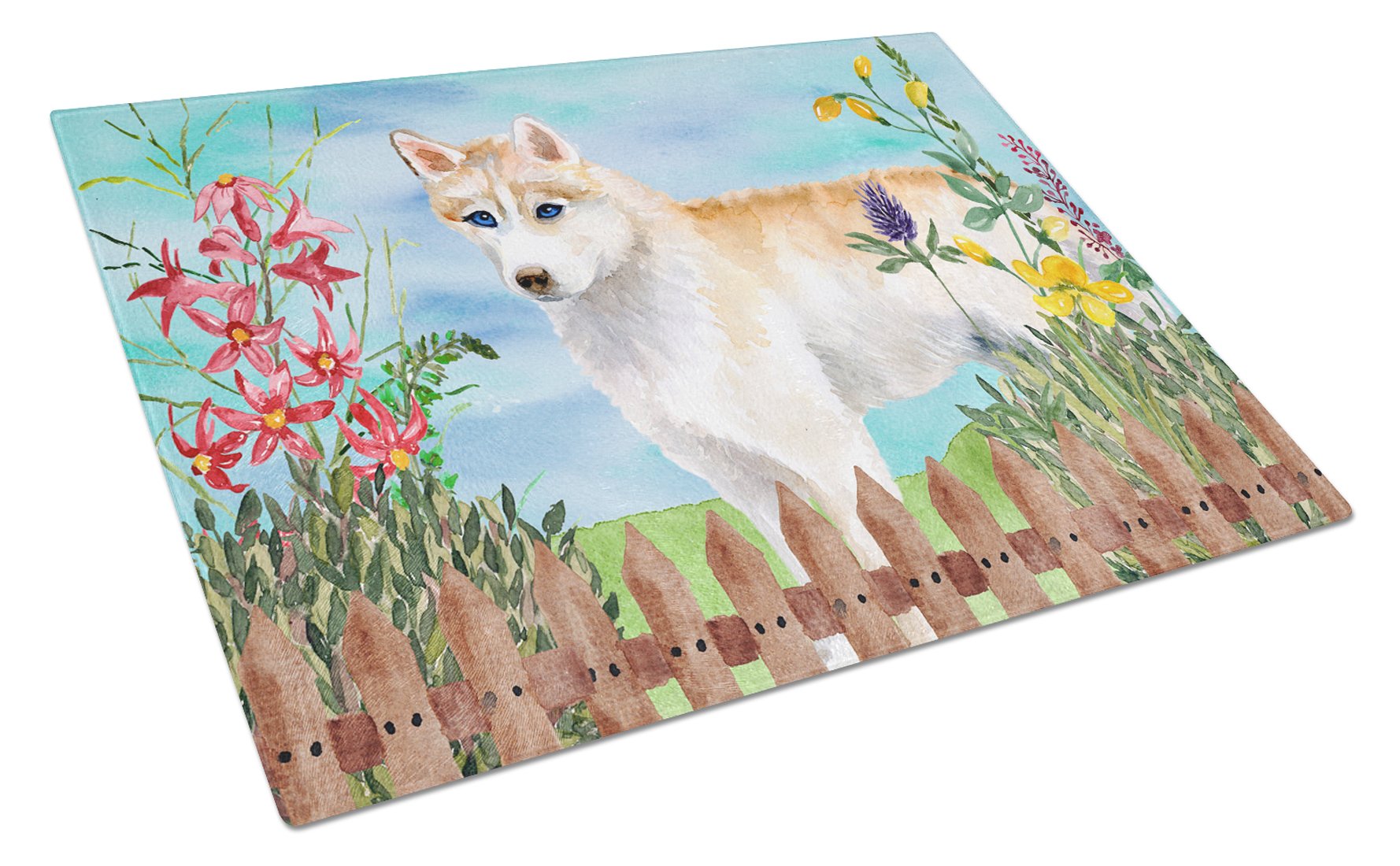 Siberian Husky Spring Cutting Board Tempered Glass Kitchen Cutting Surface, Heat Resistant Chopping, Non-Slip Feet, Food Prep & Serving
