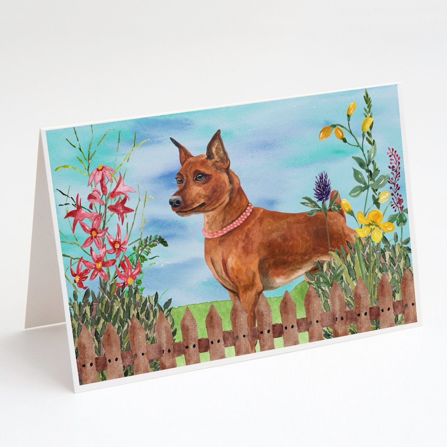 Miniature Pinscher Spring Greeting Cards Pack of 8 Blank Cards with Envelopes Whimsical A7 Size 5x7