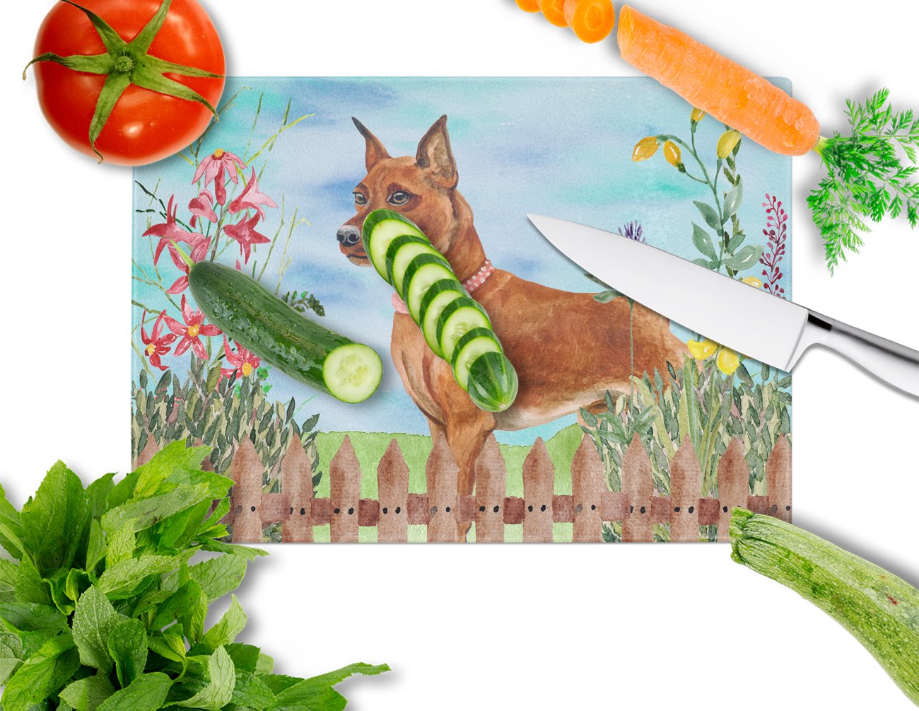 Miniature Pinscher Spring Cutting Board Tempered Glass Kitchen Cutting Surface, Heat Resistant Chopping, Non-Slip Feet, Food Prep & Serving
