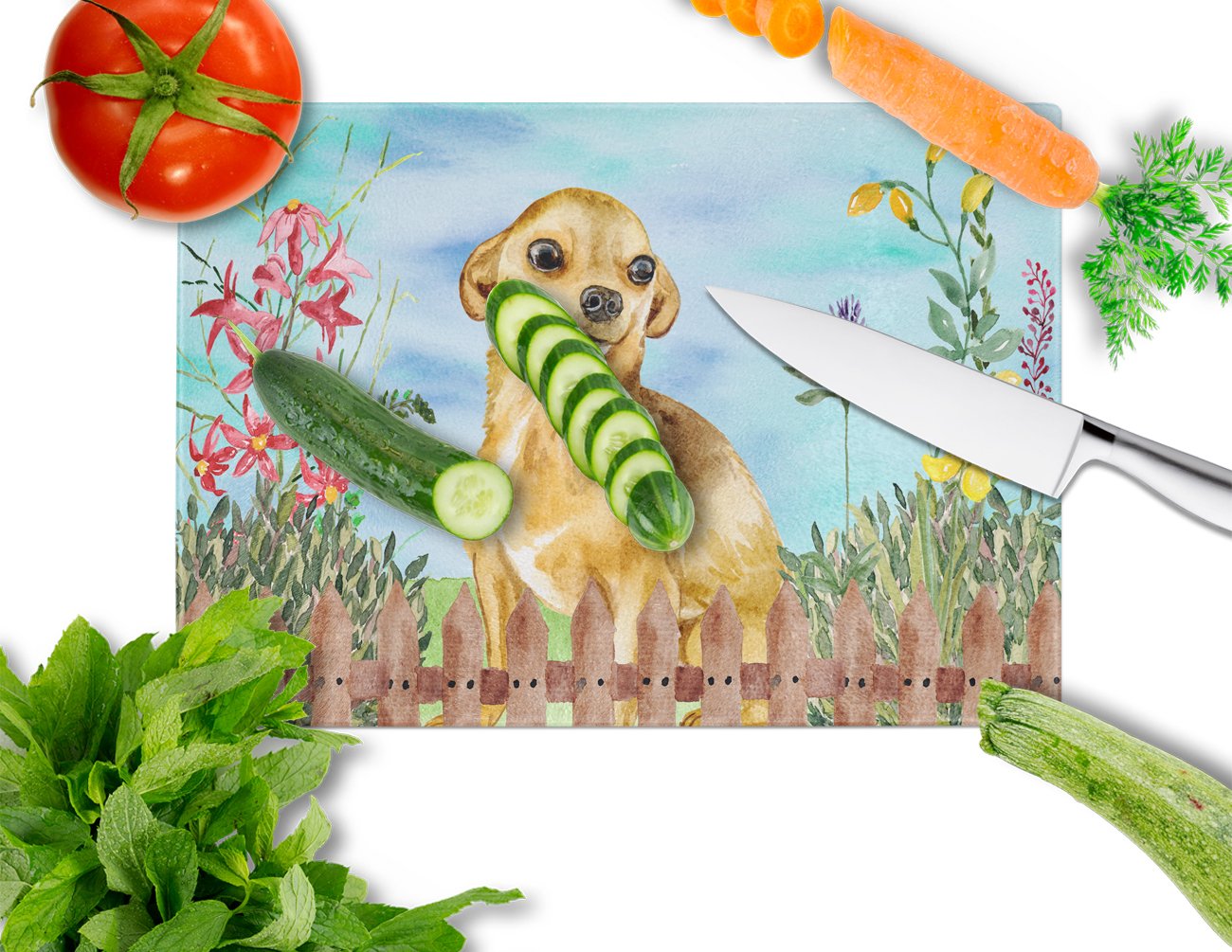Chihuahua Spring Cutting Board Tempered Glass Kitchen Cutting Surface, Heat Resistant Chopping, Non-Slip Feet, Food Prep & Serving