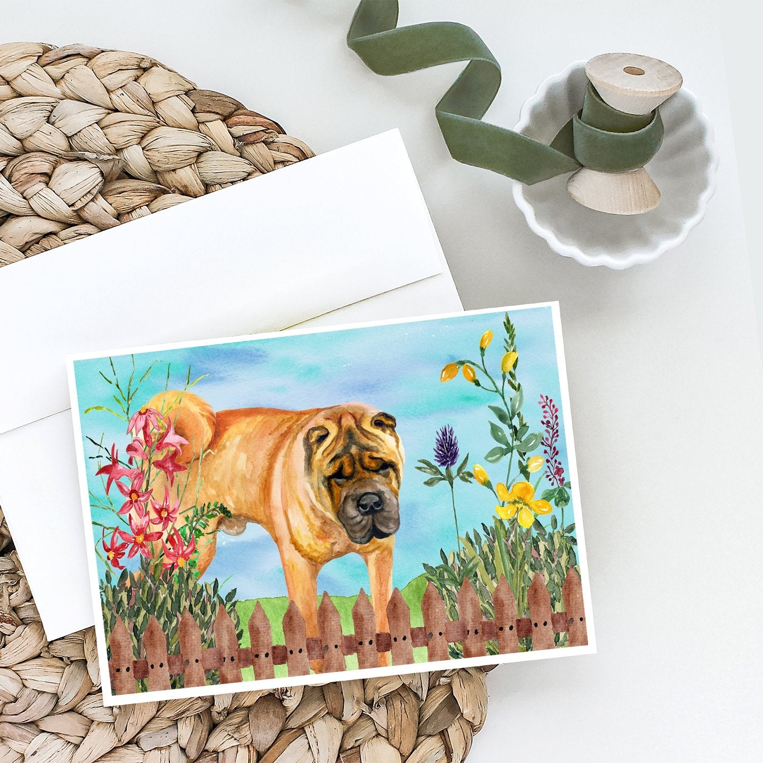 Shar Pei Spring Greeting Cards Pack of 8 Blank Cards with Envelopes Whimsical A7 Size 5x7
