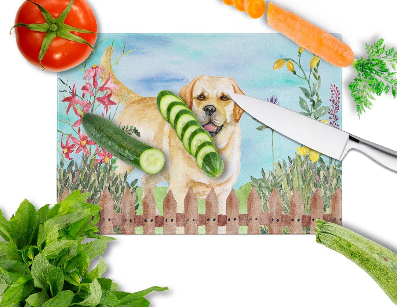 Golden Retriever Spring Cutting Board Tempered Glass Kitchen Cutting Surface, Heat Resistant Chopping, Non-Slip Feet, Food Prep & Serving