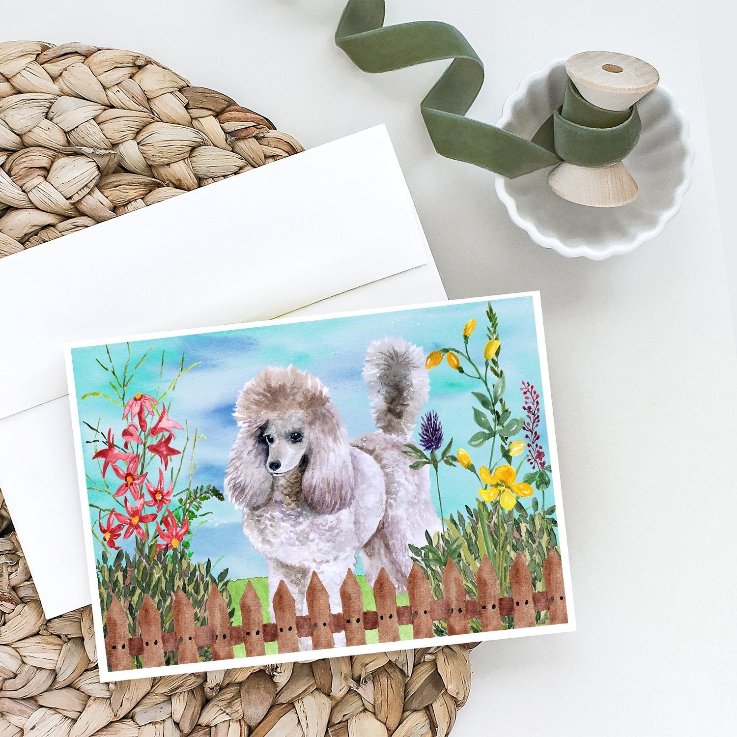 Poodle Spring Greeting Cards Pack of 8 Blank Cards with Envelopes Whimsical A7 Size 5x7