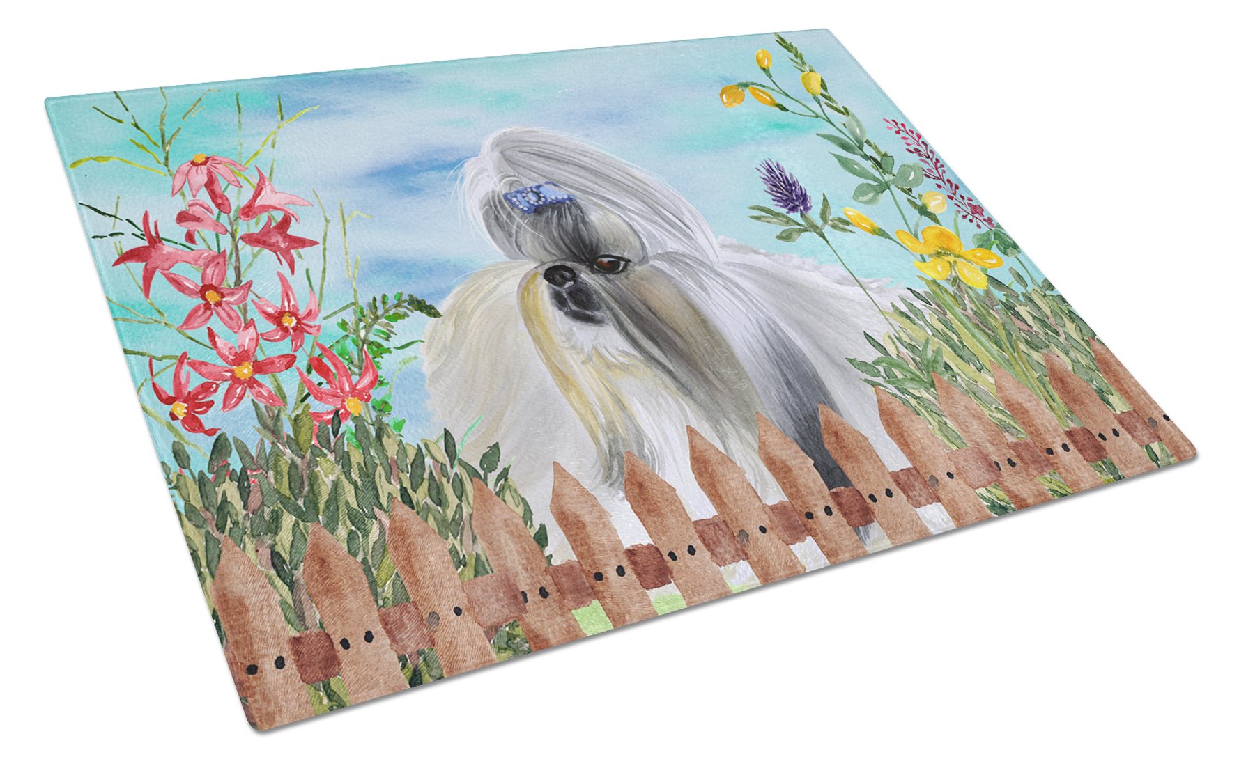 Shih Tzu Spring Cutting Board Tempered Glass Kitchen Cutting Surface, Heat Resistant Chopping, Non-Slip Feet, Food Prep & Serving
