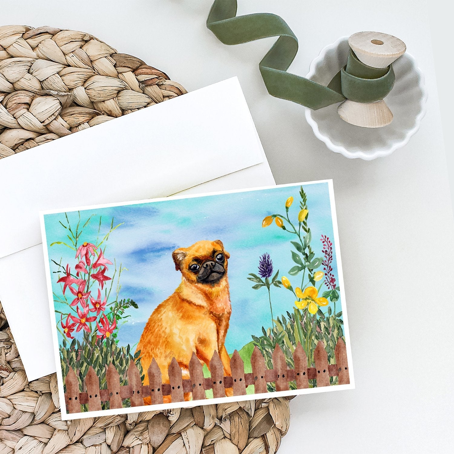Small Brabant Griffon Spring Greeting Cards Pack of 8 Blank Cards with Envelopes Whimsical A7 Size 5x7
