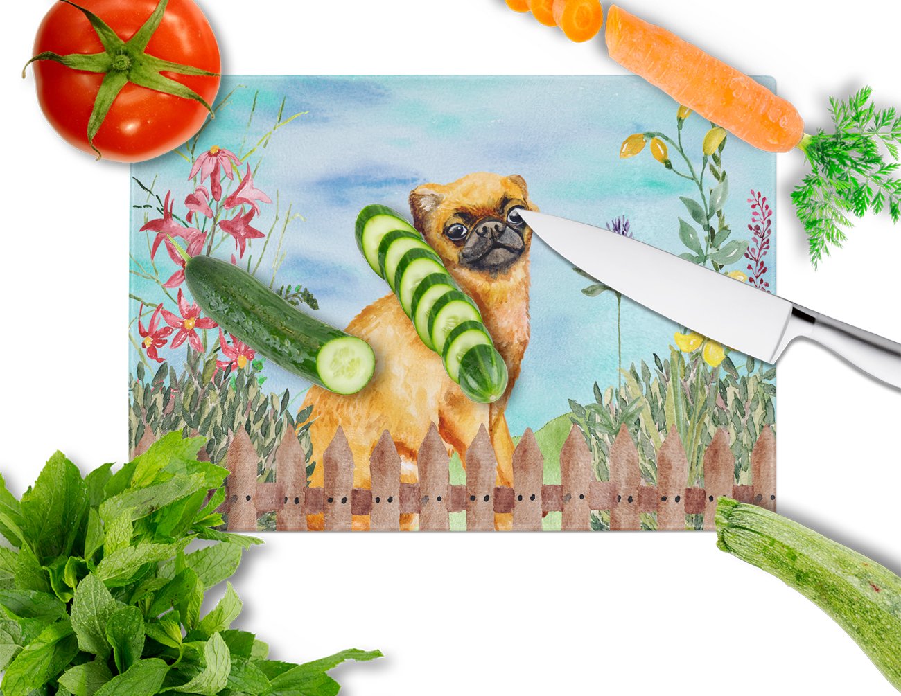 Small Brabant Griffon Spring Cutting Board Tempered Glass Kitchen Cutting Surface, Heat Resistant Chopping, Non-Slip Feet, Food Prep & Serving