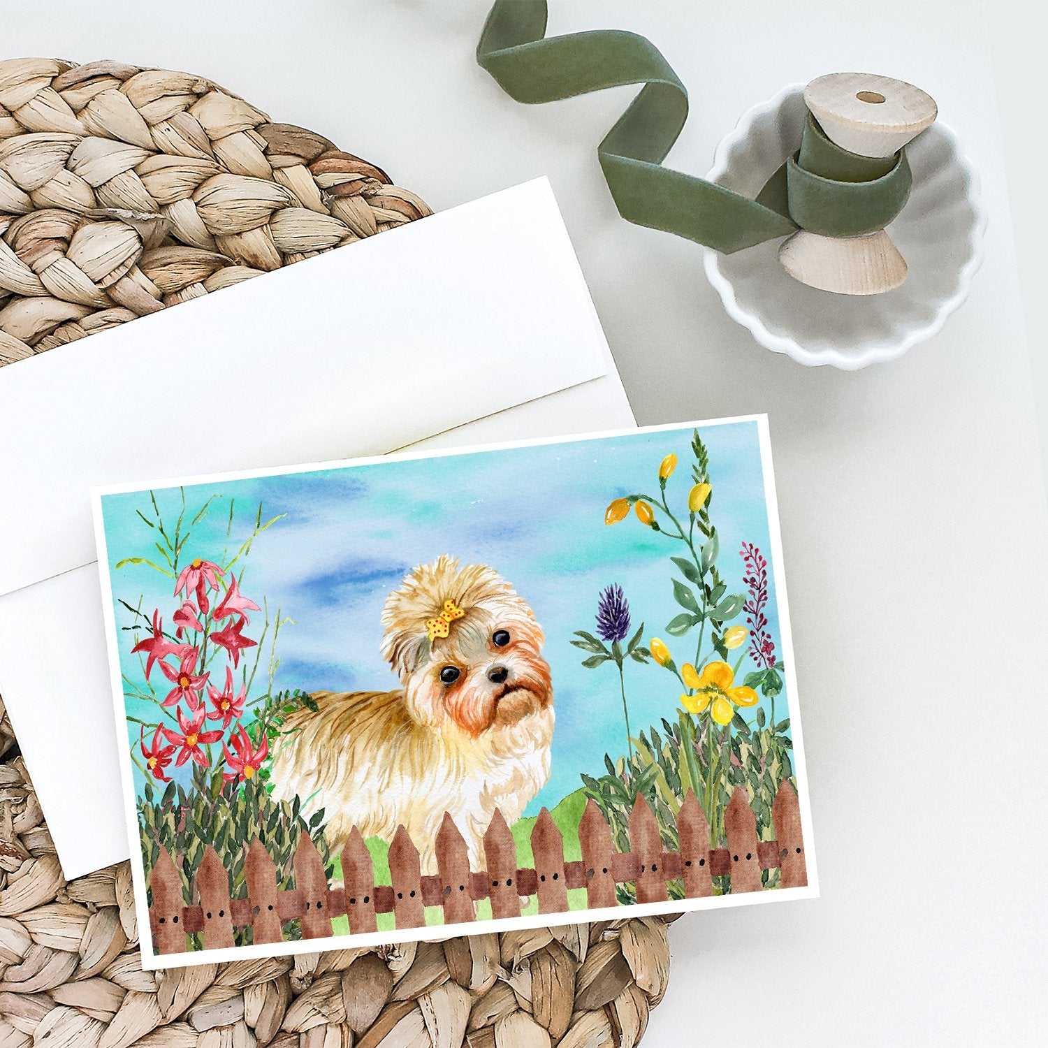 Morkie Spring Greeting Cards Pack of 8 Blank Cards with Envelopes Whimsical A7 Size 5x7