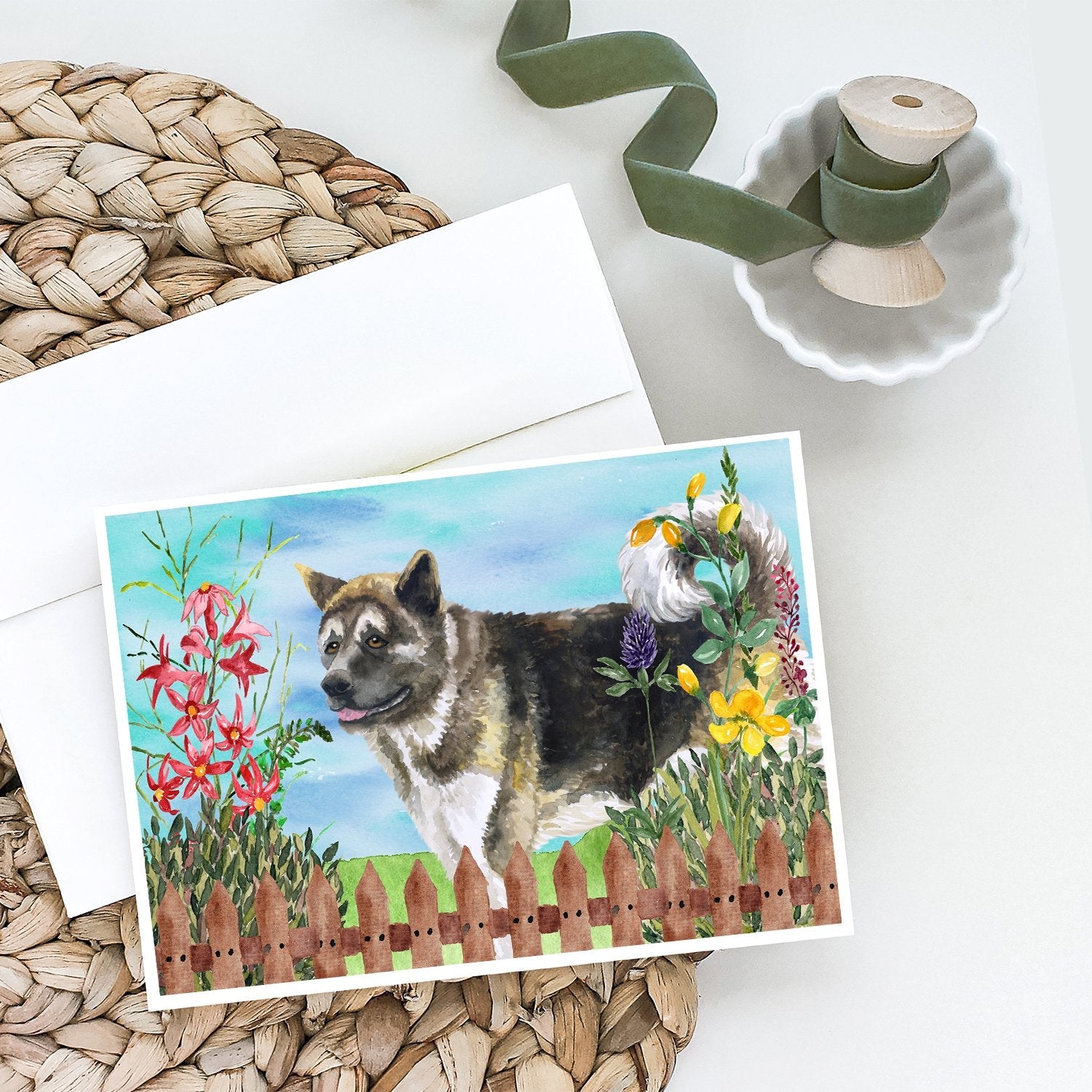 American Akita Spring Greeting Cards Pack of 8 Blank Cards with Envelopes Whimsical A7 Size 5x7