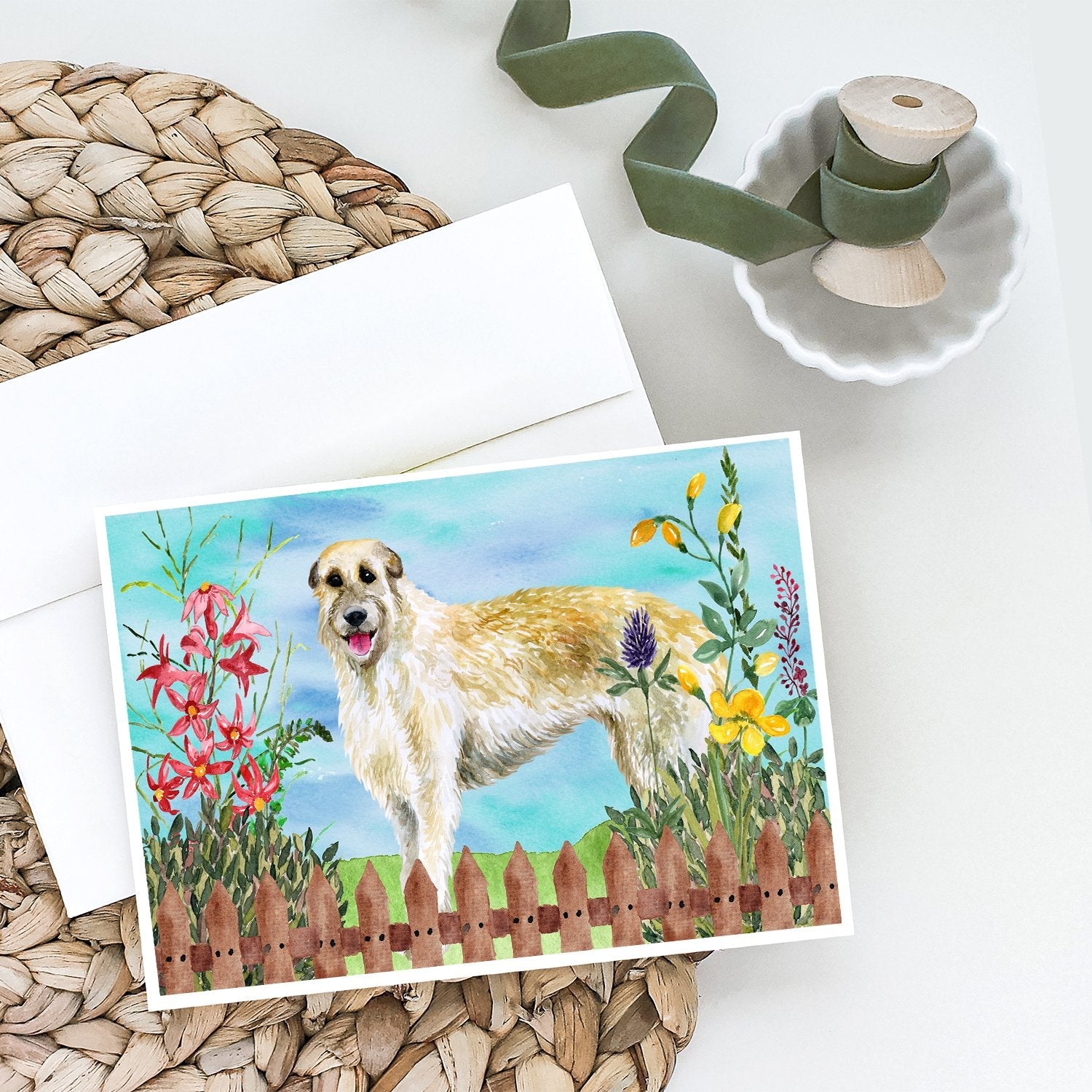 Irish Wolfhound Spring Greeting Cards Pack of 8 Blank Cards with Envelopes Whimsical A7 Size 5x7