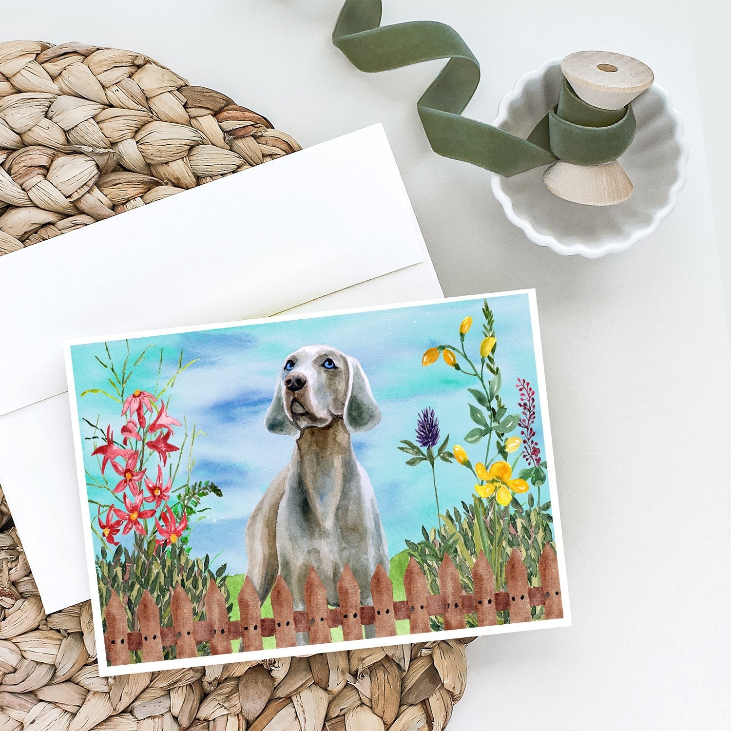 Weimaraner Spring Greeting Cards Pack of 8 Blank Cards with Envelopes Whimsical A7 Size 5x7