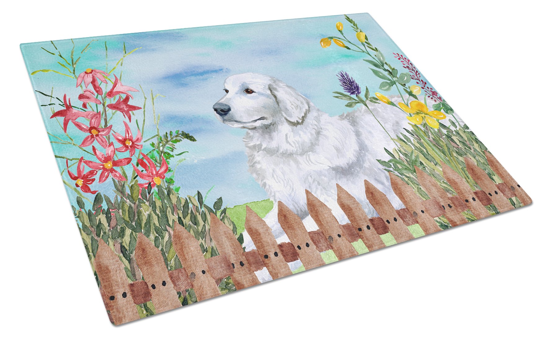 Maremma Sheepdog Spring Cutting Board Tempered Glass Kitchen Cutting Surface, Heat Resistant Chopping, Non-Slip Feet, Food Prep & Serving