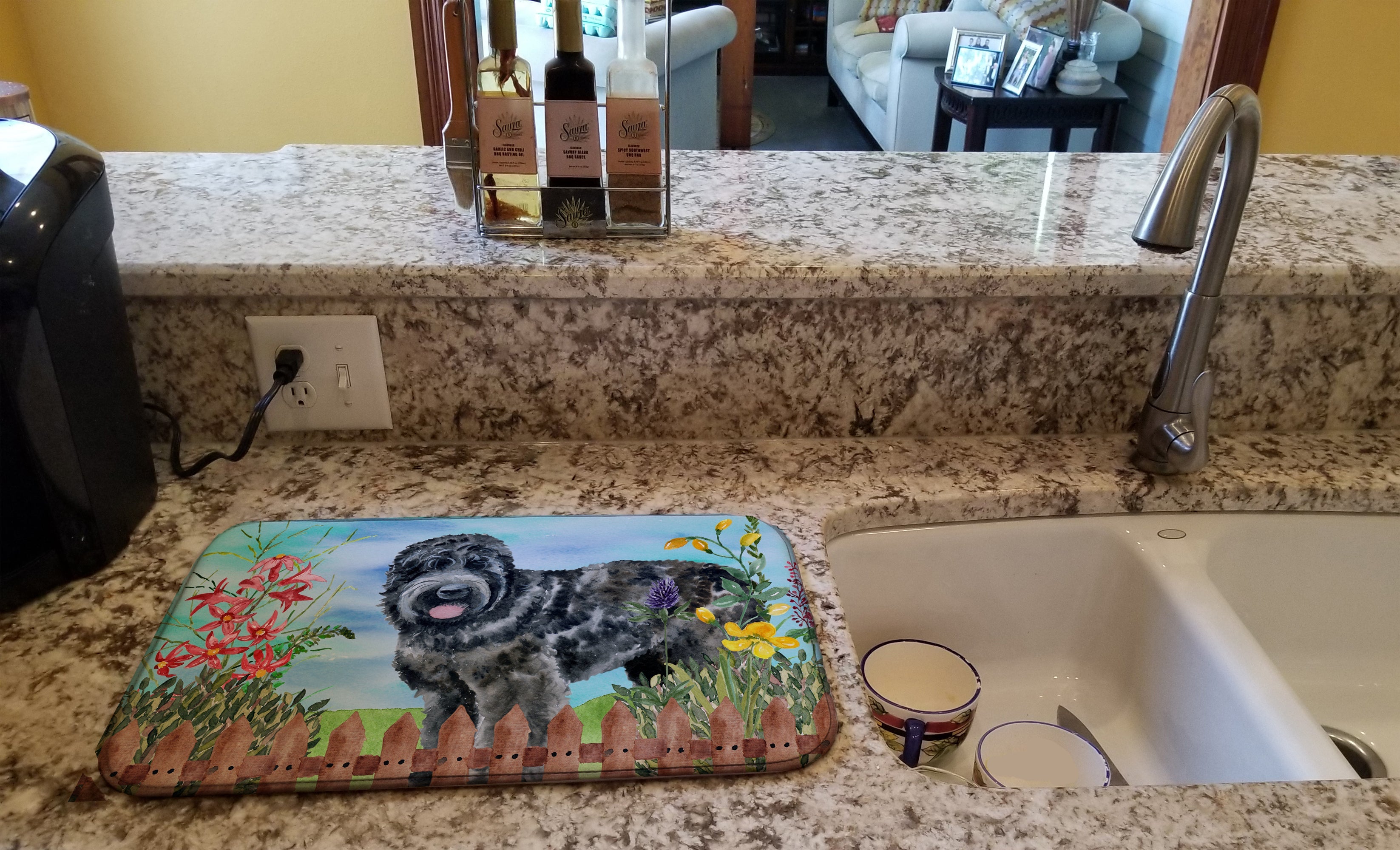 Black Russian Terrier Spring Dish Drying Mat Absorbent Dish Drying Mat Pad for Kitchen Counter Dish Drainer Mat for Countertop, 14 x 21", Multicolor