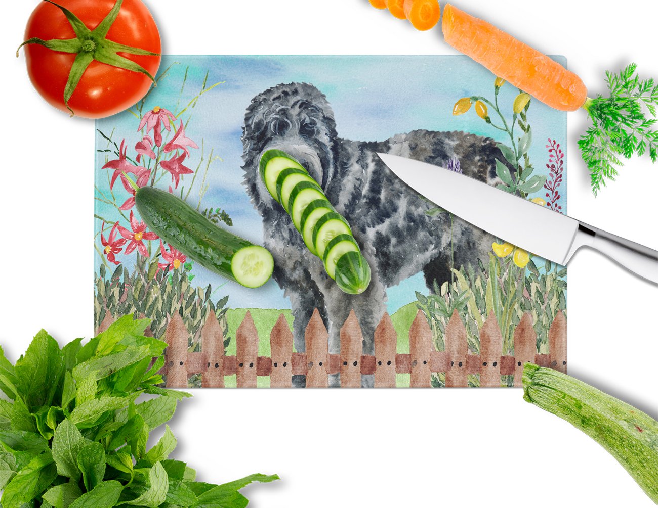 Black Russian Terrier Spring Cutting Board Tempered Glass Kitchen Cutting Surface, Heat Resistant Chopping, Non-Slip Feet, Food Prep & Serving