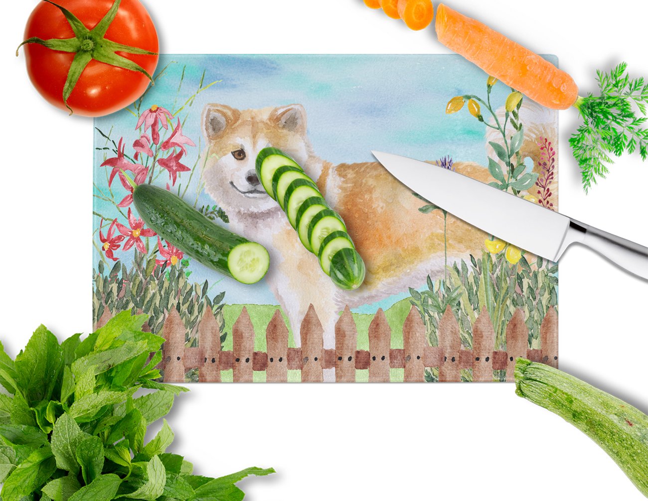 Shiba Inu Spring Cutting Board Tempered Glass Kitchen Cutting Surface, Heat Resistant Chopping, Non-Slip Feet, Food Prep & Serving