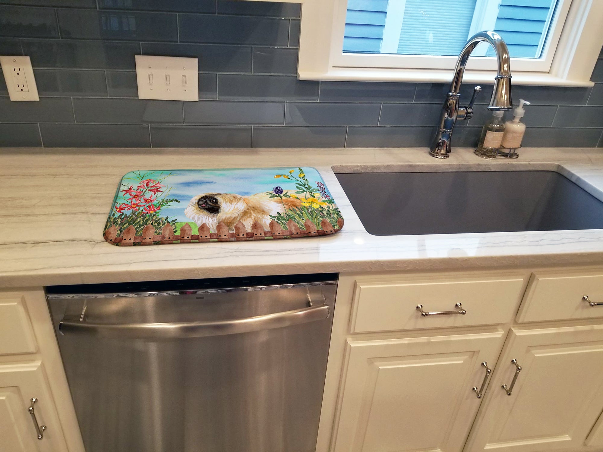 Pekingese Spring Dish Drying Mat Absorbent Dish Drying Mat Pad for Kitchen Counter Dish Drainer Mat for Countertop, 14 x 21", Multicolor