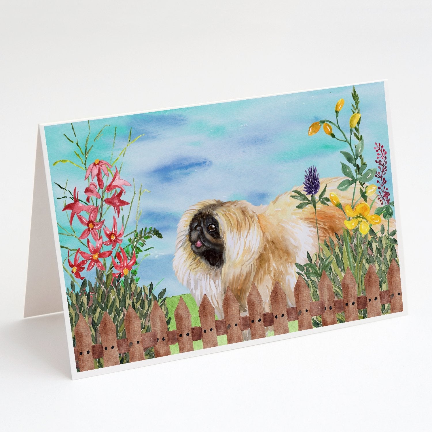 Pekingese Spring Greeting Cards Pack of 8 Blank Cards with Envelopes Whimsical A7 Size 5x7