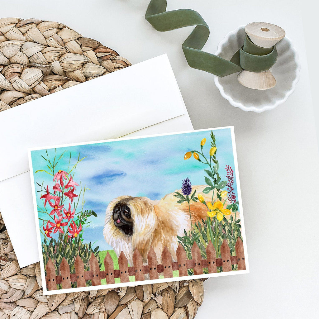 Pekingese Spring Greeting Cards Pack of 8 Blank Cards with Envelopes Whimsical A7 Size 5x7