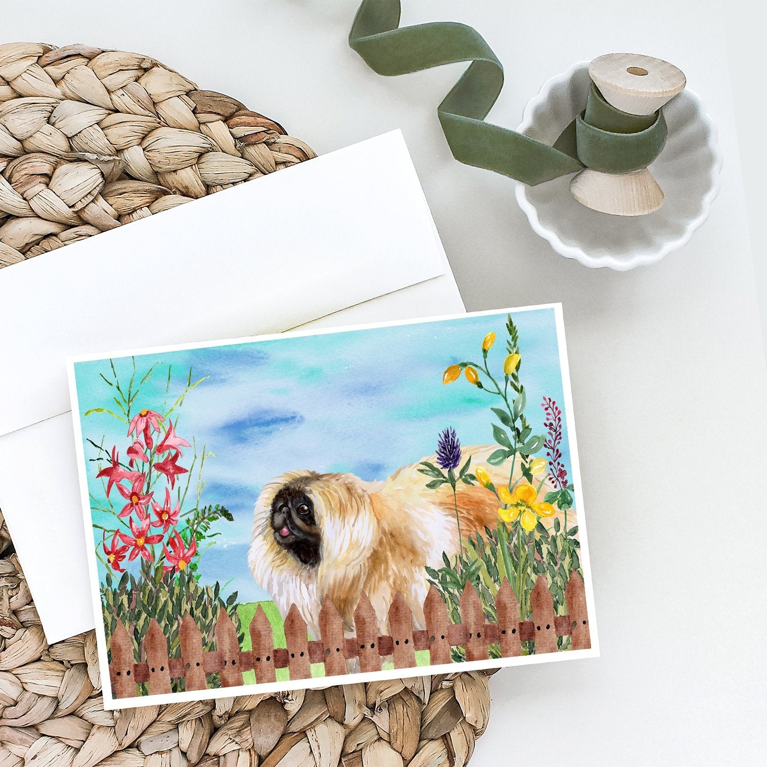 Pekingese Spring Greeting Cards Pack of 8 Blank Cards with Envelopes Whimsical A7 Size 5x7