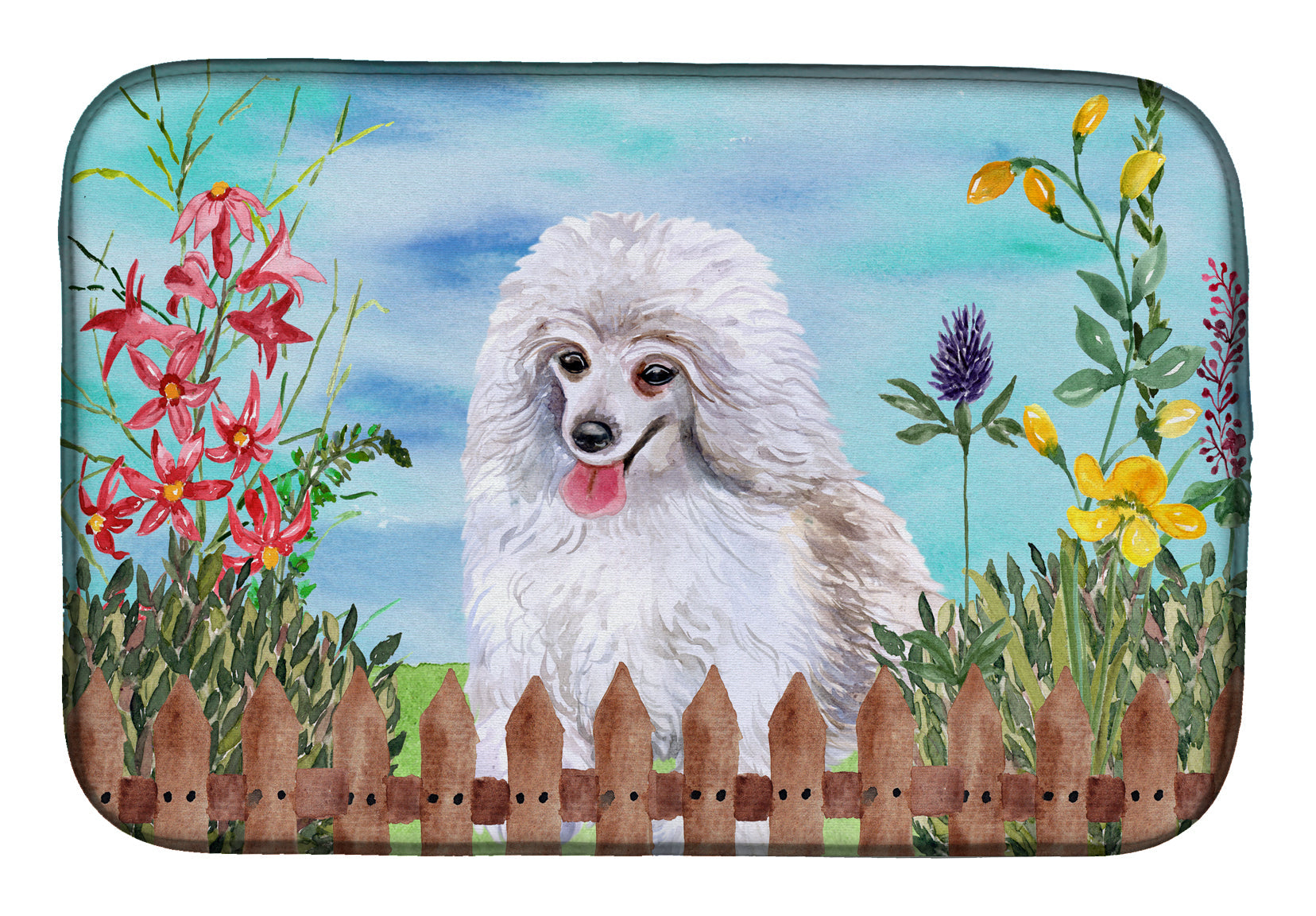 Medium White Poodle Spring Dish Drying Mat Absorbent Dish Drying Mat Pad for Kitchen Counter Dish Drainer Mat for Countertop, 14 x 21", Multicolor