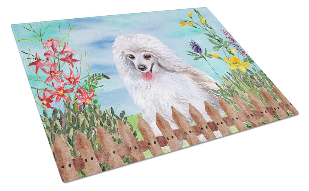 Medium White Poodle Spring Cutting Board Tempered Glass Kitchen Cutting Surface, Heat Resistant Chopping, Non-Slip Feet, Food Prep & Serving
