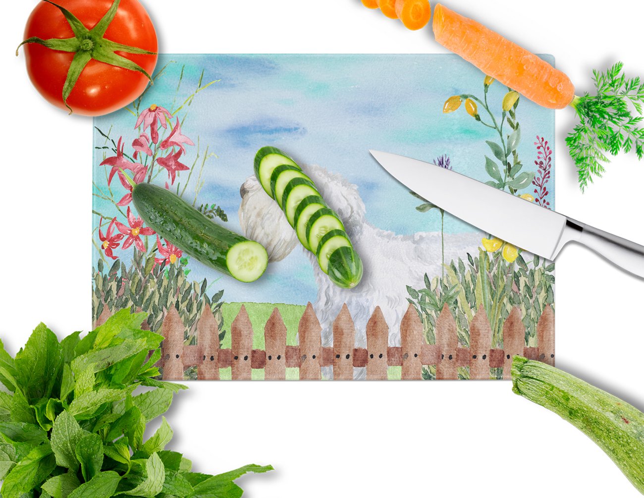 Sealyham Terrier Spring Cutting Board Tempered Glass Kitchen Cutting Surface, Heat Resistant Chopping, Non-Slip Feet, Food Prep & Serving